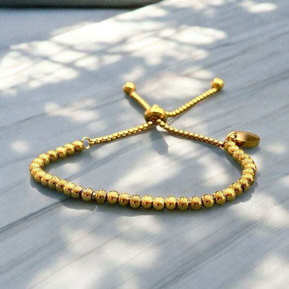 Adjustable 18K Gold-Plated Beaded Bracelet - Hypoallergenic and Stackable - Picture 3 of 3